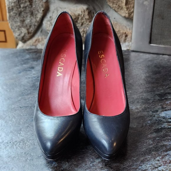Escada Shoes - Escada Navy/Salmon Italian Leather Platform Pumps Size 37